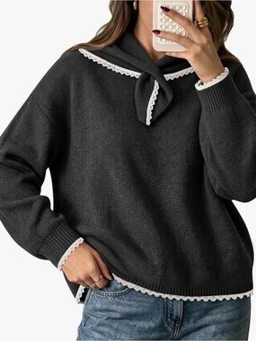 Charcoal Lace-Trim Knit Sweater with Tie Neck